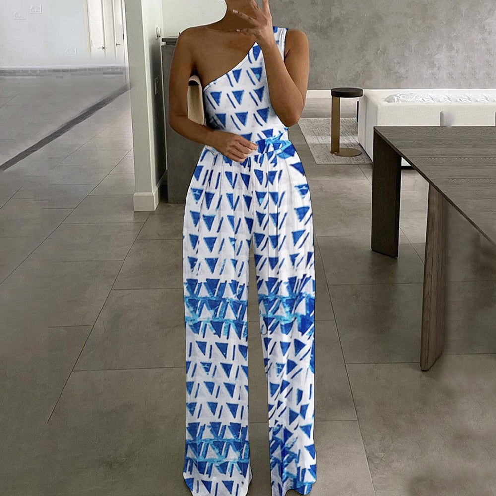 Summer Women Fashion Sexy One Shoulder Club Romper Bodysuit Elegant Wide Leg Jumpsuit Office Lady Casual Ovealls Light Grey