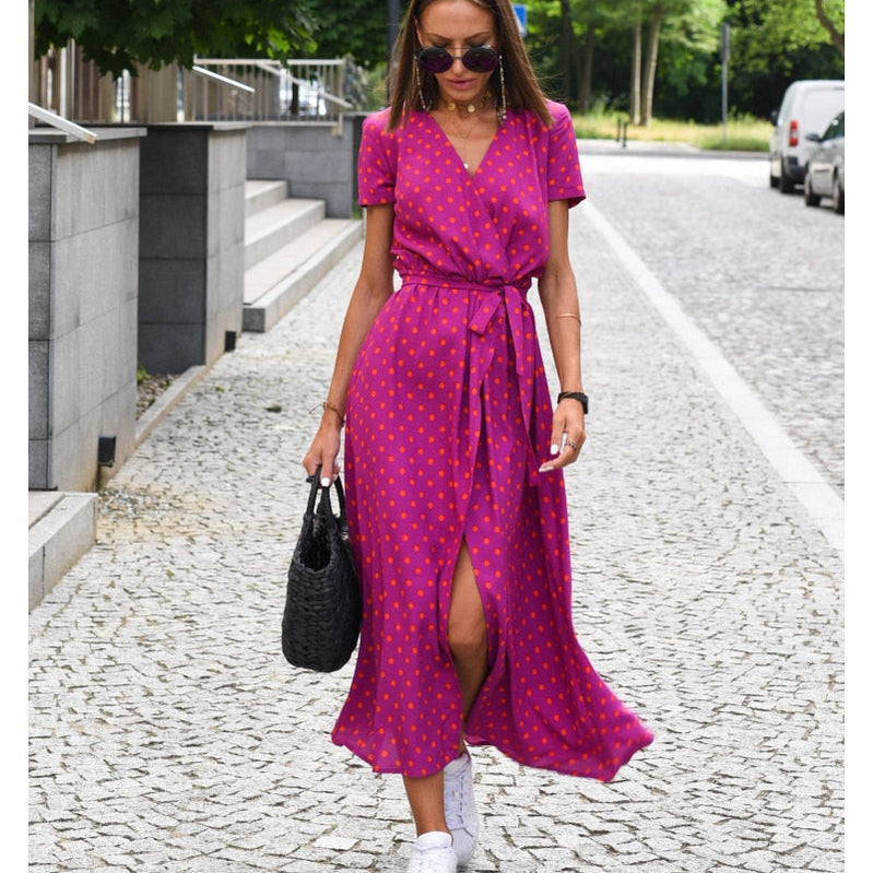 Women Casual Floral Print Dress Summer Elegant V-neck Short Sleeve Waist Lace Up Maxi Dresses Female Holiday Split Long Dress Rose
