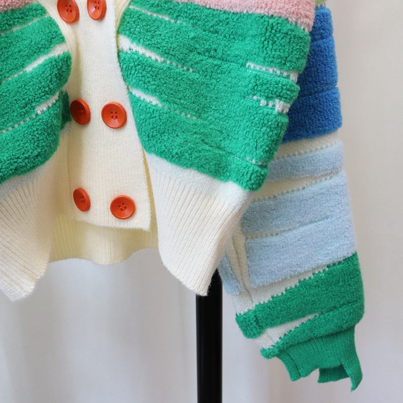 Women Rainbow Striped Colorful Cardigan Fall Winter Sweater V-Neck Knit Tops Dopamine Outfit