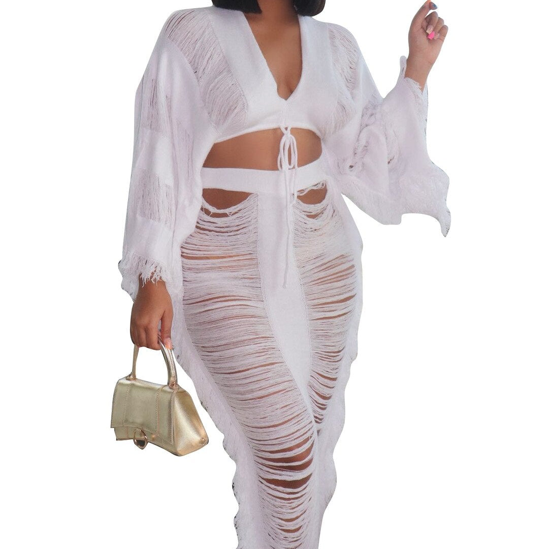 Elegant Hollow Out Hole Tassel 2 Piece Set Women Sexy Lace Up V Neck Crop Top + Long Skirts Skinny Club Party Beach Outfits 2023 white set