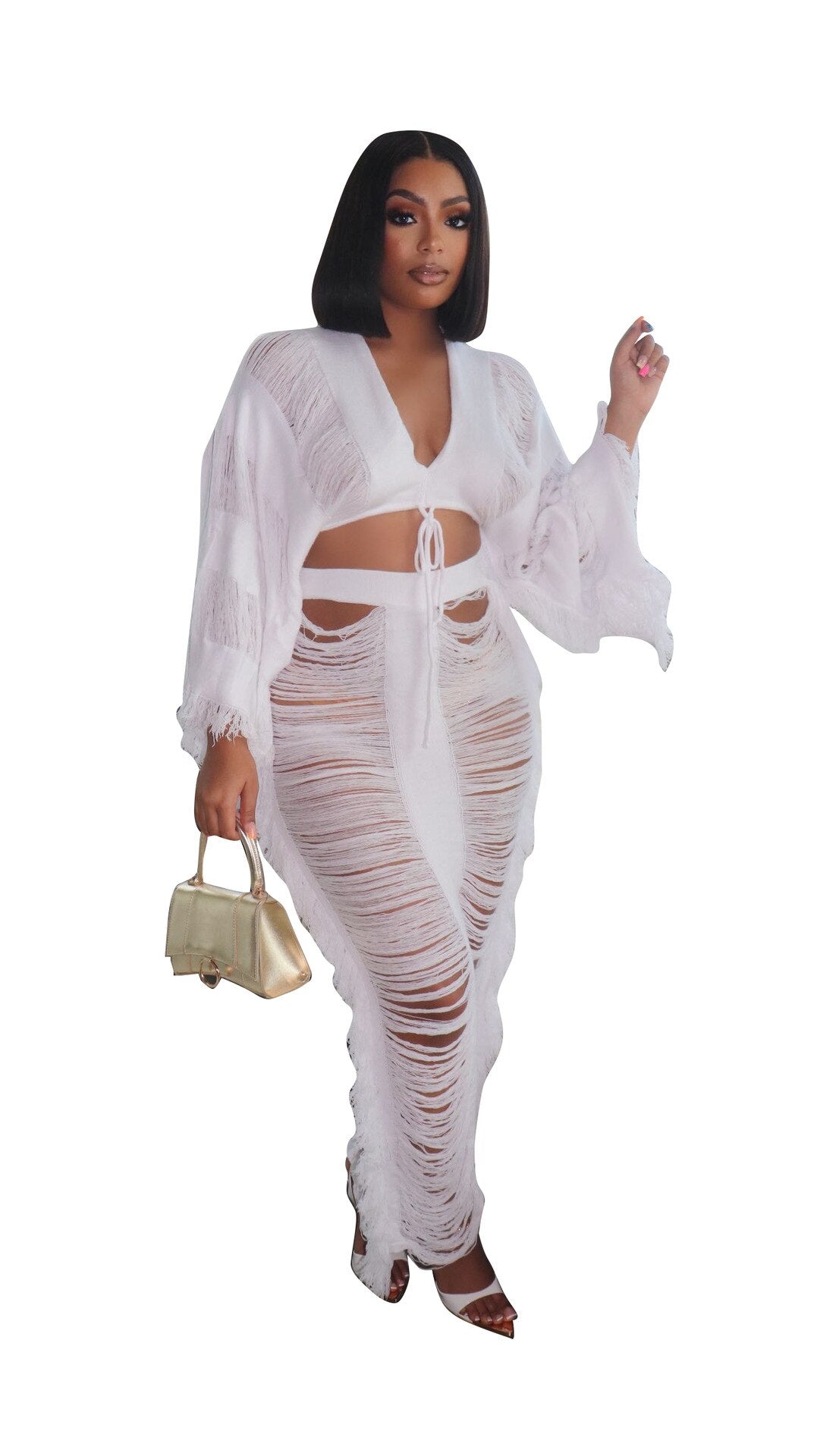 Elegant Hollow Out Hole Tassel 2 Piece Set Women Sexy Lace Up V Neck Crop Top + Long Skirts Skinny Club Party Beach Outfits 2023 white set