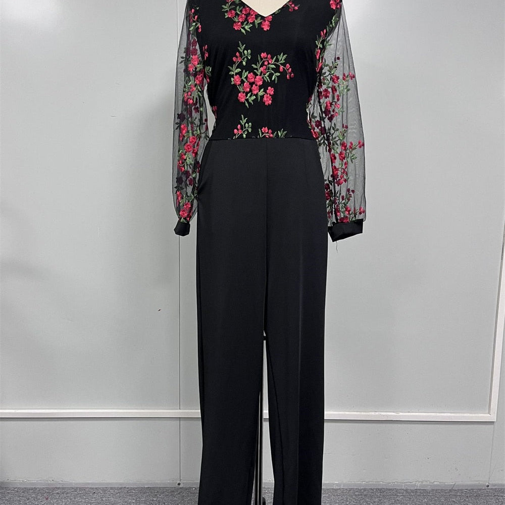 Elegant Jumpsuit Women Casual V Neck Mesh Hollow Embroidery Long Sleeve Overalls Female Slim Office Party Jumpsuit