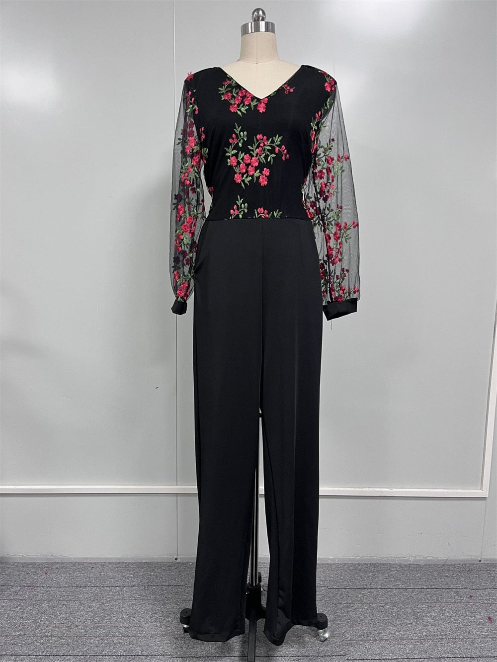 Elegant Jumpsuit Women Casual V Neck Mesh Hollow Embroidery Long Sleeve Overalls Female Slim Office Party Jumpsuit