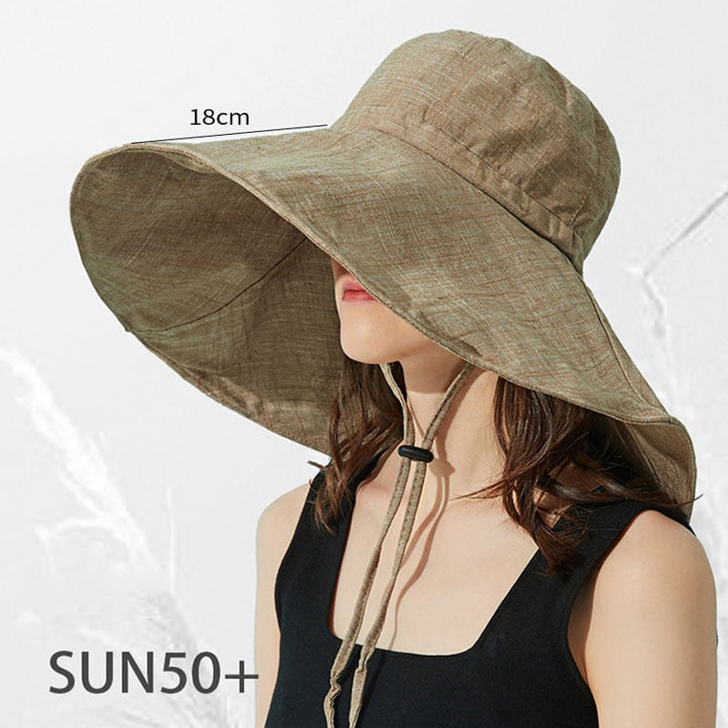 Wide Brim 18cm Linen Sun Hats for Women Uv Protection UPF 50+ Sunshade Foldable Bucket Hat Beach Outing Panama