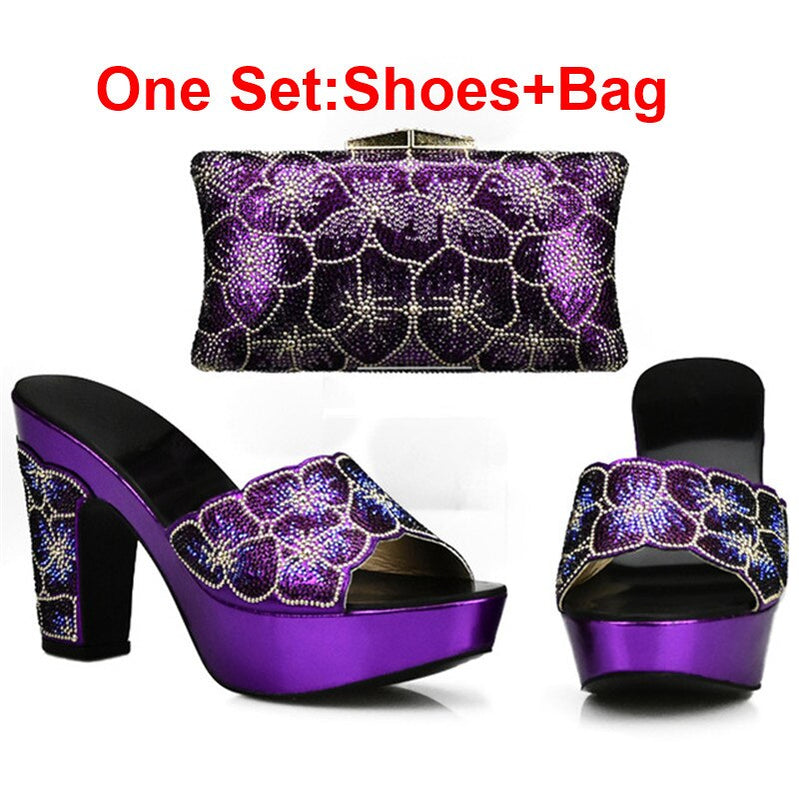 Latest Design Red Color Matching Women Shoes and Bag Set Decorated with Rhinestone African Shoe and Bag Set for Party In Women Purple Shoes and Bag