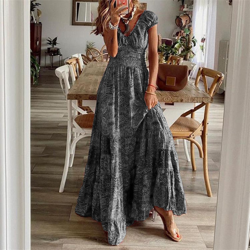 Women Vintage Print Maxi Dresses Summer Casual V Neck Short Sleeve Elastic Waist Dress Female Boho Beach Big Swing Long Dresses EA07932-Grey
