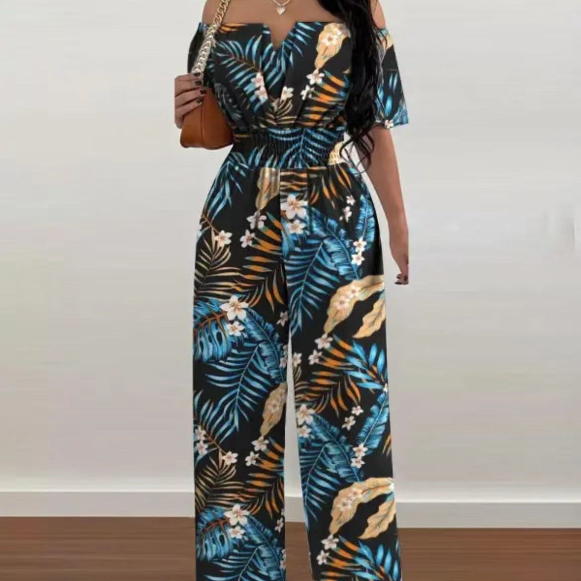 Summer Fashion Printed Wide Leg Jumpsuit Women Sexy Beach Style Off-shoulder High Waist Jumpsuit Womem