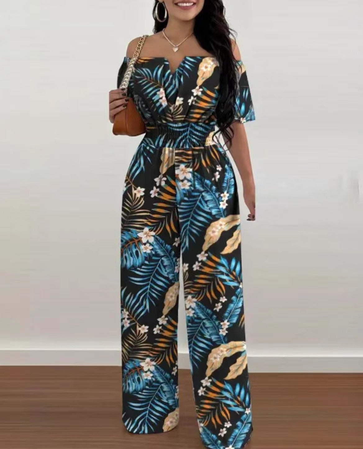 Summer Fashion Printed Wide Leg Jumpsuit Women Sexy Beach Style Off-shoulder High Waist Jumpsuit Womem