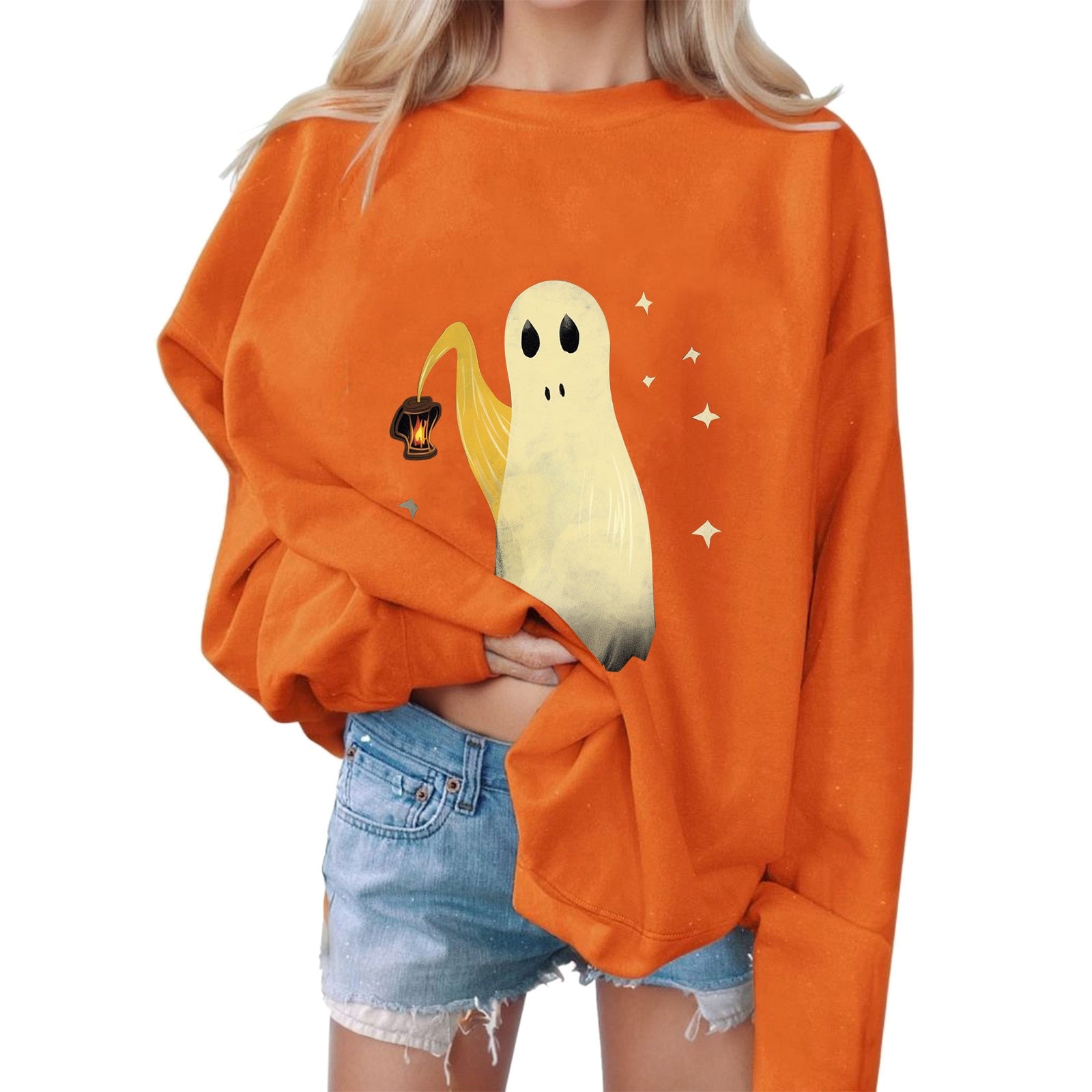 Halloween Sweatshirt Grimace Sweatshirts Ghosts Sweater Personality Women Sweatshirts Round Neck Sudadera Long Sleeve Outfits Orange