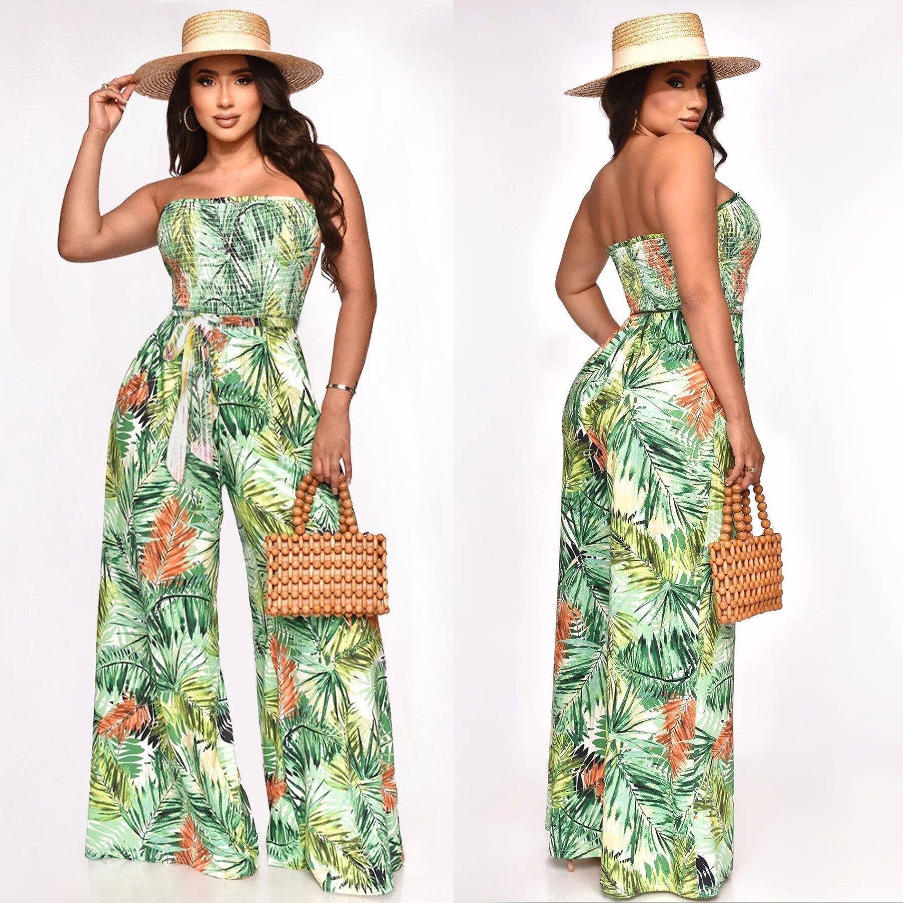 Sexy Tube Jumpsuits One Piece Rompers Women Summer Vacation Clothes Elegant Bodycon Wide Leg Pant Sleeveless Jumpsuit Green