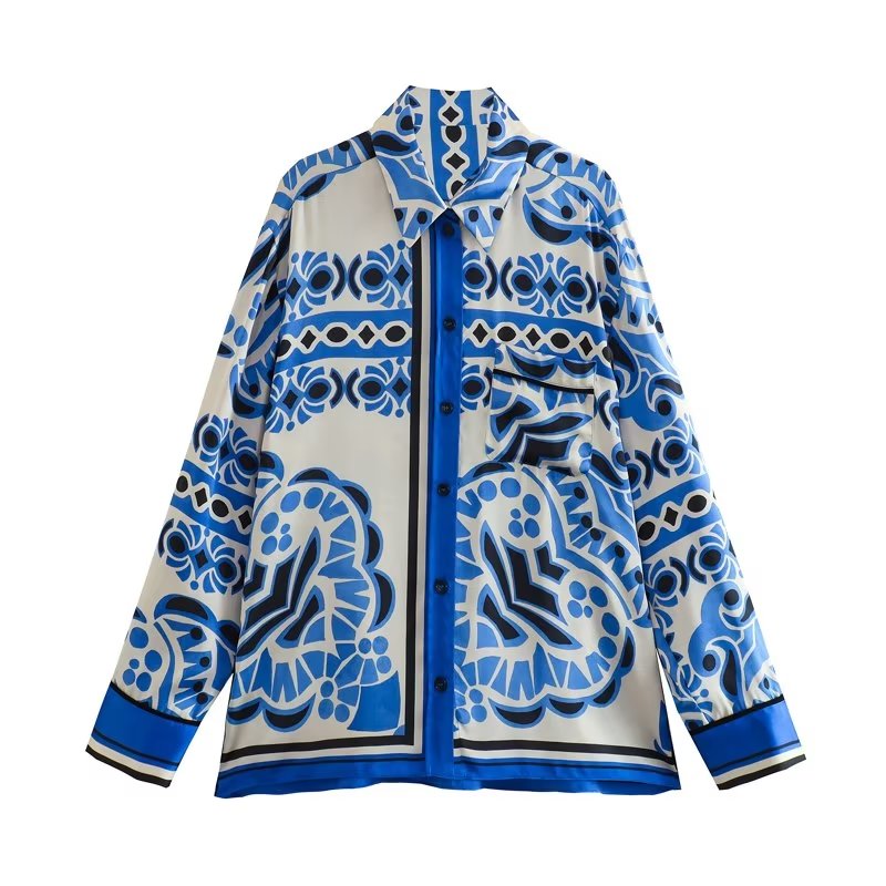 Woman Shirts Pants Sets New Summer Geometric Print Loose Long sleeved Shirts Fashion Elastic Waist Wide Leg Pants Outfits Shirt-Blue