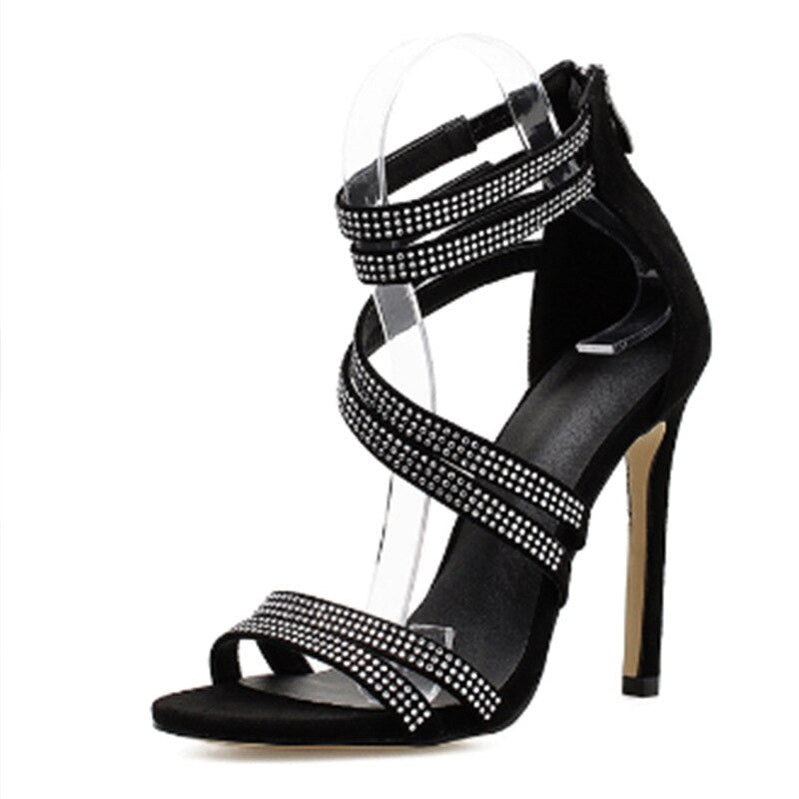 Gold Crystal Sandals Thin Strap Gladiator Sandals Stiletto Wedding Heels Rhinestone Cage Sandals