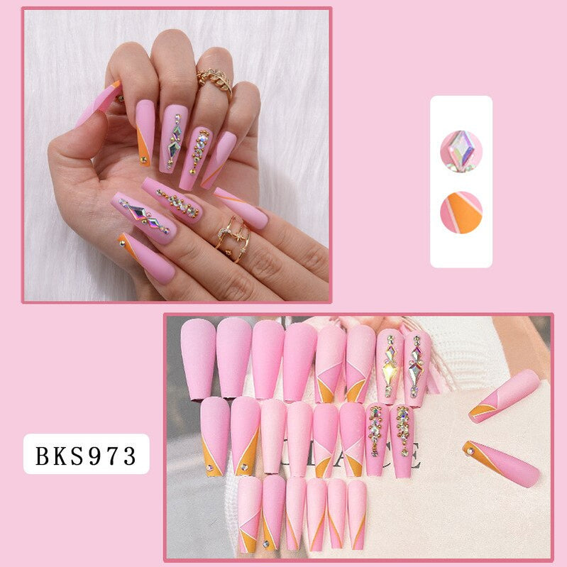3D ballet fake nails accessories Light Luxury Diamond pink long tips french coffin manicure faux ongles press on false nail set Default Title