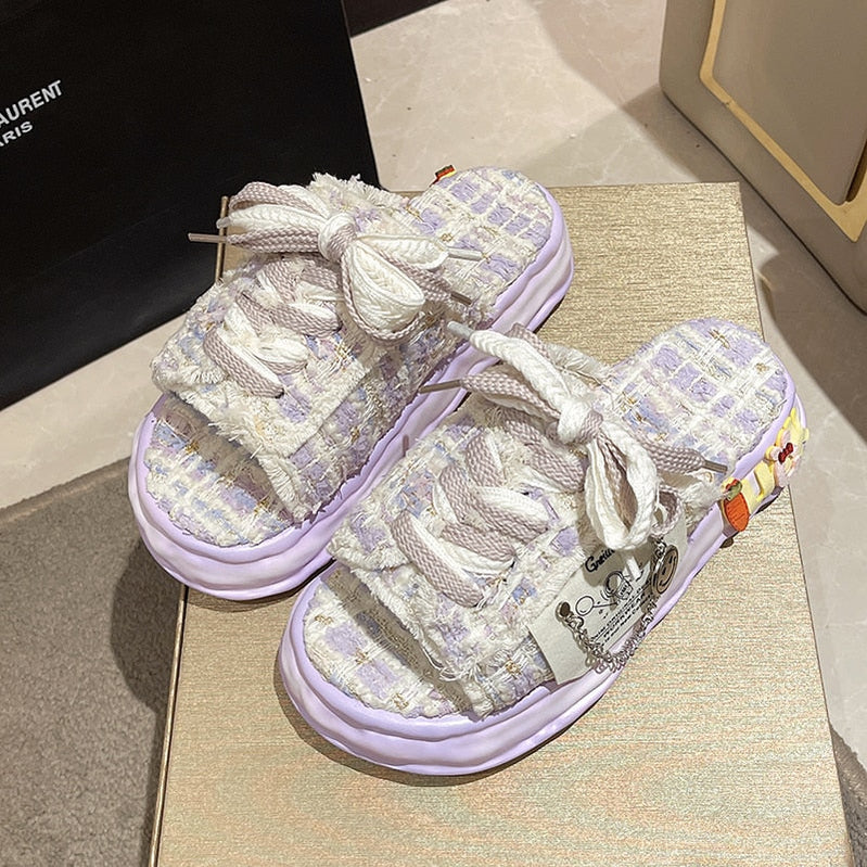 Summer Women Graffiti Slippers Sandals Platform Shoes Mules Flip Flops Street Clogs Flat New Sweet Casual Shoes For Female Lavender