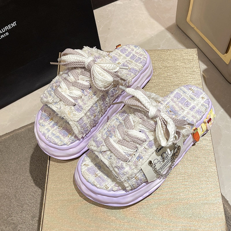 Summer Women Graffiti Slippers Sandals Platform Shoes Mules Flip Flops Street Clogs Flat New Sweet Casual Shoes For Female Lavender