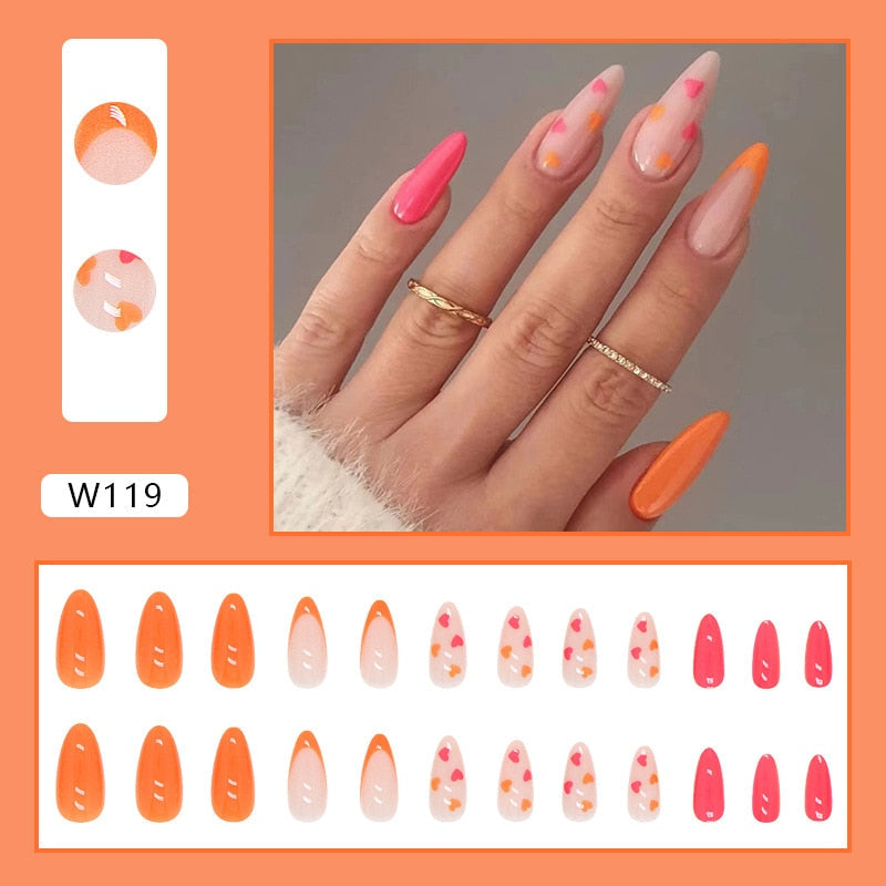 24Pcs/Set Fake Nails With Glue Full Cover Nail Tips Press On Med Nails DIY Manicure Oval Head False Nails Pink Almond Artificial W119 -24Pcs-Set