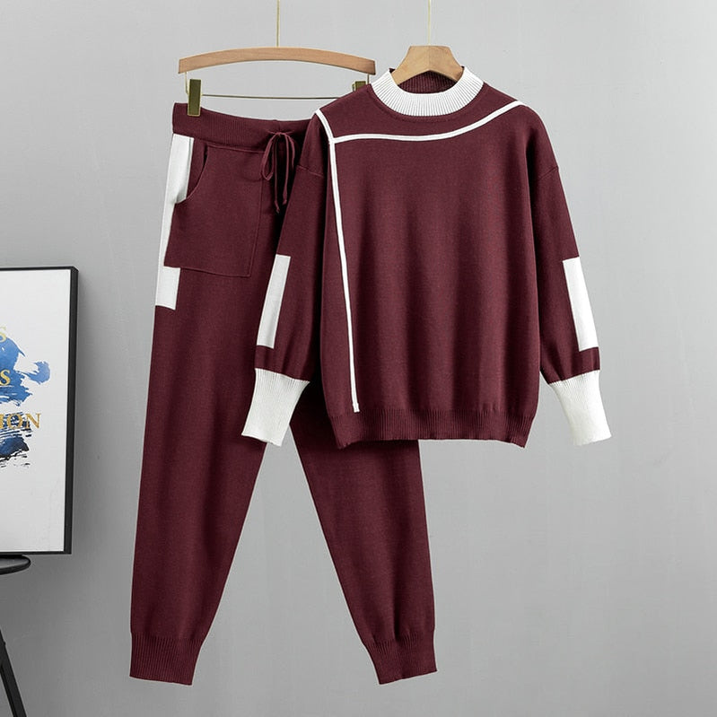 Autumn Runway 2 Pieces Set Knitted Long Sleeve Pullovers Sweater Casual Patchwork Fashion Women Tops and Pants Suits Spring Claret