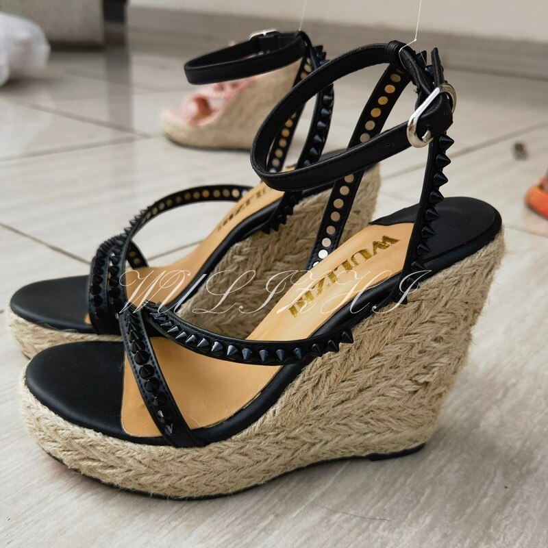 Women&#39;s Candy Color Rivet Design Wedge Sandals Summer Casual Open Slingback Platform Pink Yellow Sandals Cross Wrap Buckle Shoes