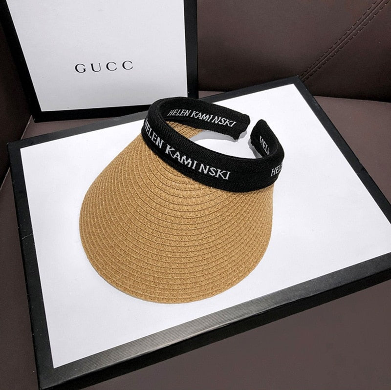 Empty Top Straw Hat Travel Sunshade Sun Hat Cap Trendy Superlite Beach Cap summer Wear Visor Cap For Womens Black coffee-1 57 cm