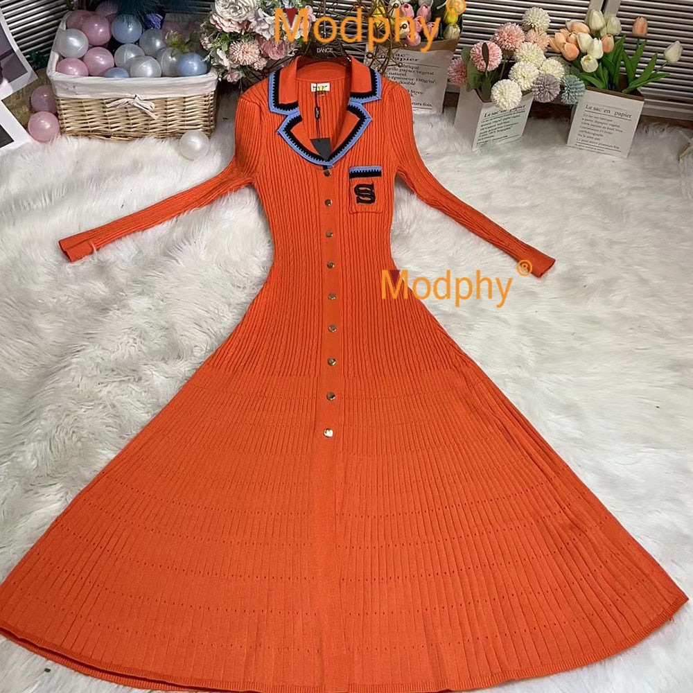 Modphy Elegant Slim Knitted Long Dress Women's Single breasted Long sleeved Designer Slim Vintage Dresses Autumn Orange Long Sleeve