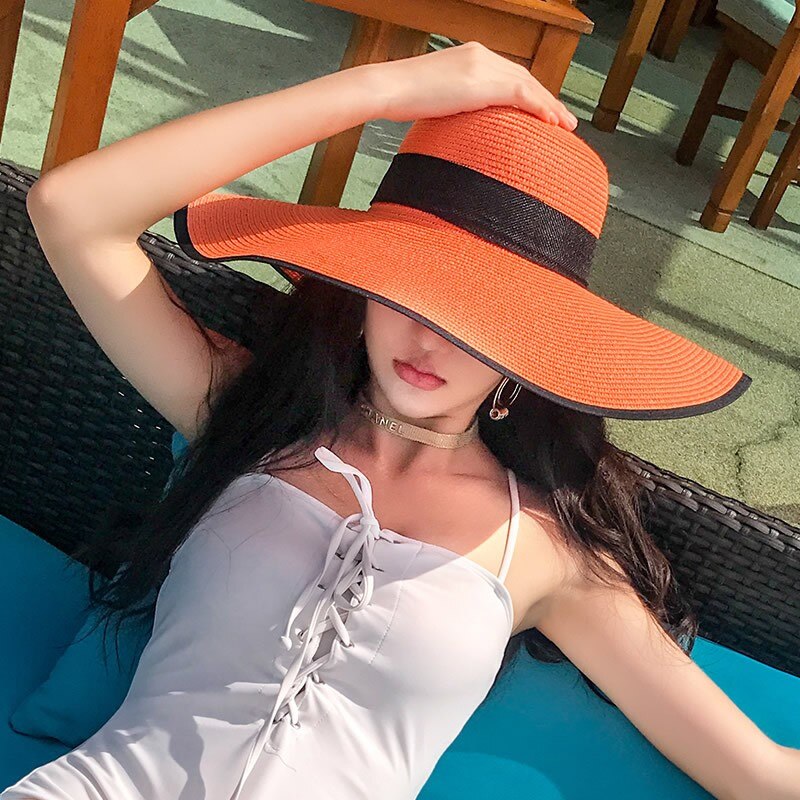 Seaside Photo Beach Straw Hat Children Summer Large Brim Sunscreen Shading Simple Fashion Large Brimmed Hat Sun Hat Beach Hat Black Orange Adjustable 55 60cm