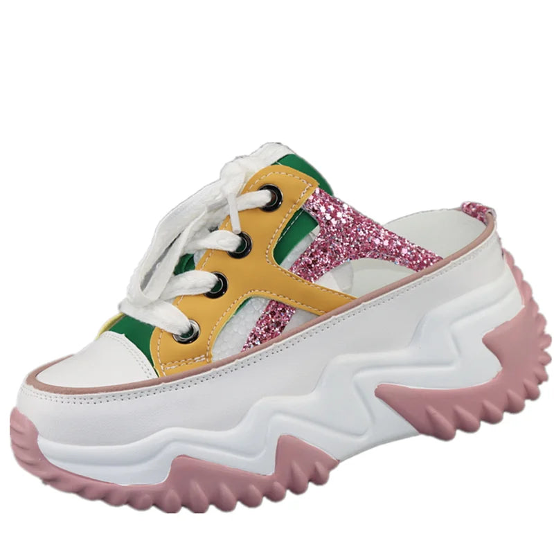 8cm New Glitter Leather Women Chunky Sneakers Platform Wedge Breathable Slippers Comfortable Hollow Summer Shoes