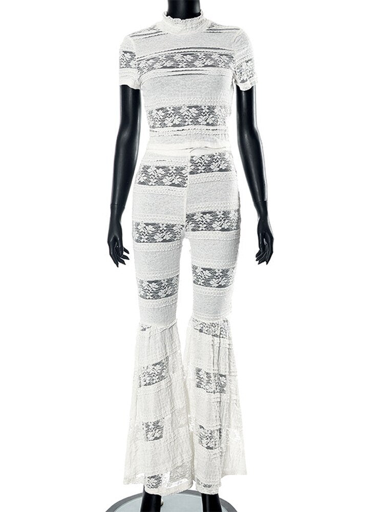 Fall Two Piece Sets Outfits Women Short Sleeve Lace Mesh Tops High Waist Pants Suits Autumn Party Club Matching Sets White