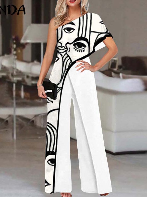 Women's Summer Rompers Elegant Office Formal Jumpsuits Casual Solid One Shoulder Sexy Loose Party Overalls Oversized Style C White