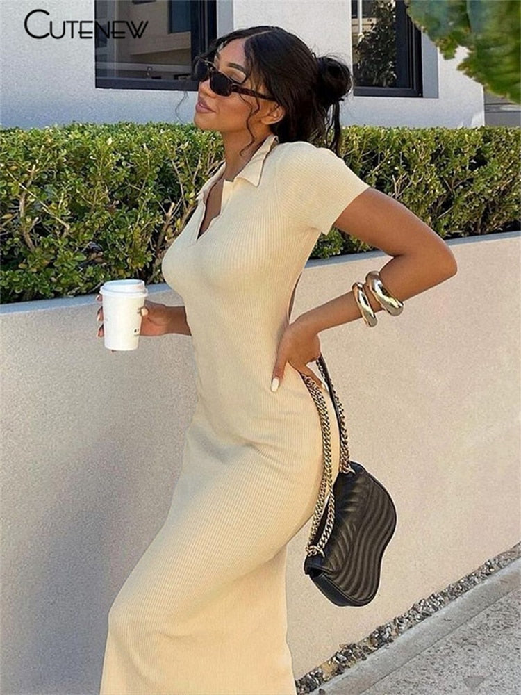 Cutenew Elegant Knitted Short Sleeve Bodycon Maxi Dress Women Summer Sexy Backless Bandage Streetwear Solid Stretch Lady Dresses Khaki