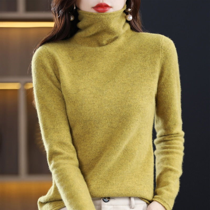 Pure Wool Women Sweater Autumn Winter Fashion Pile Collar Pullover Cashmere Sweater Casual Long-sleeved Knitted Tops