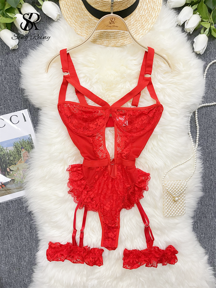 Shapewear Lace Lingerie Bodysuits Women Hollow Out Transparent Slim Sensual Rompers Hotsweet Erotic Sheer Playsuits Red