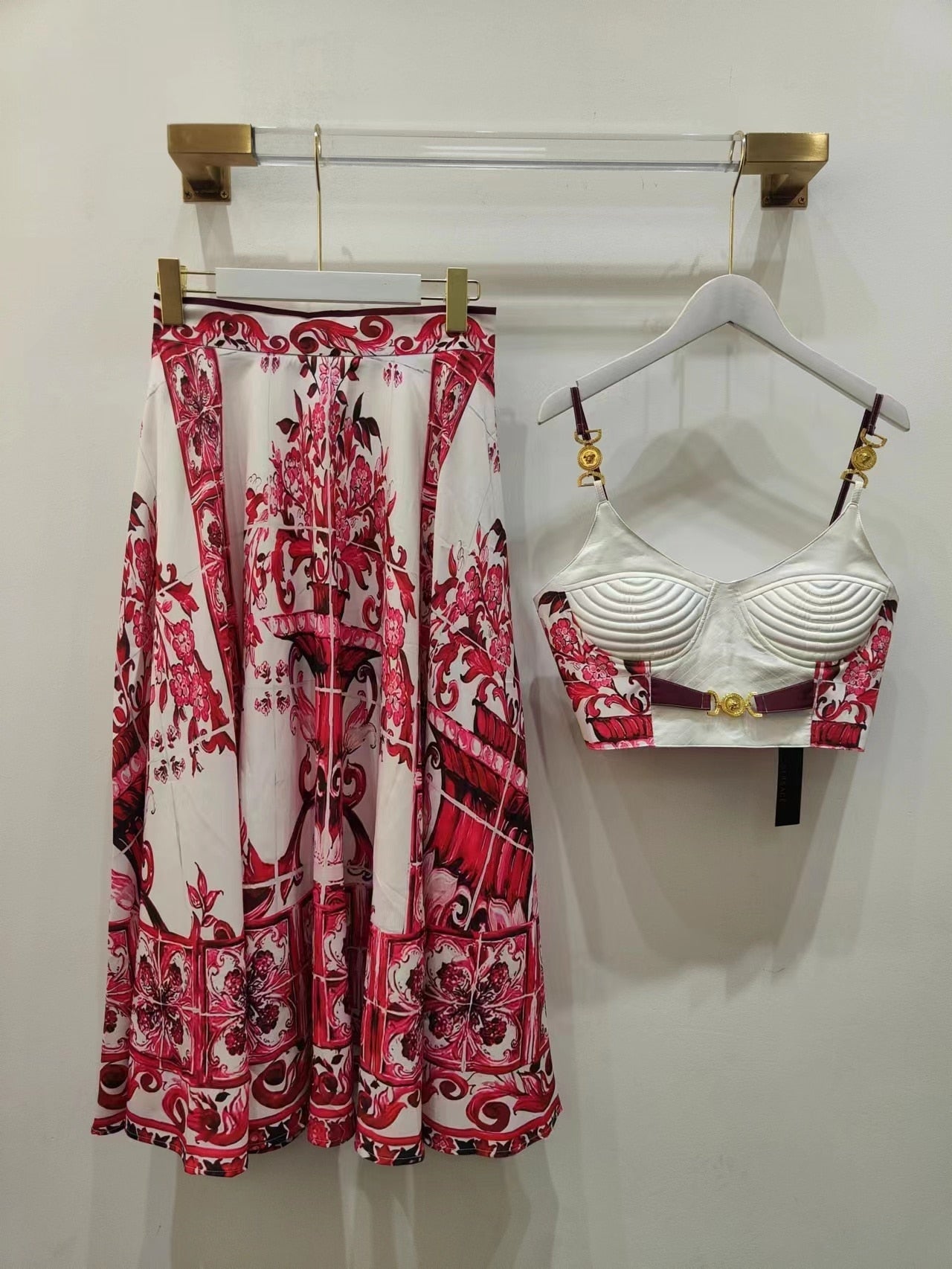 Woman tops satin 3D printing corset sexy women's camisole vest y2k clothes New metal buckle tube top + skirt suit bra Red