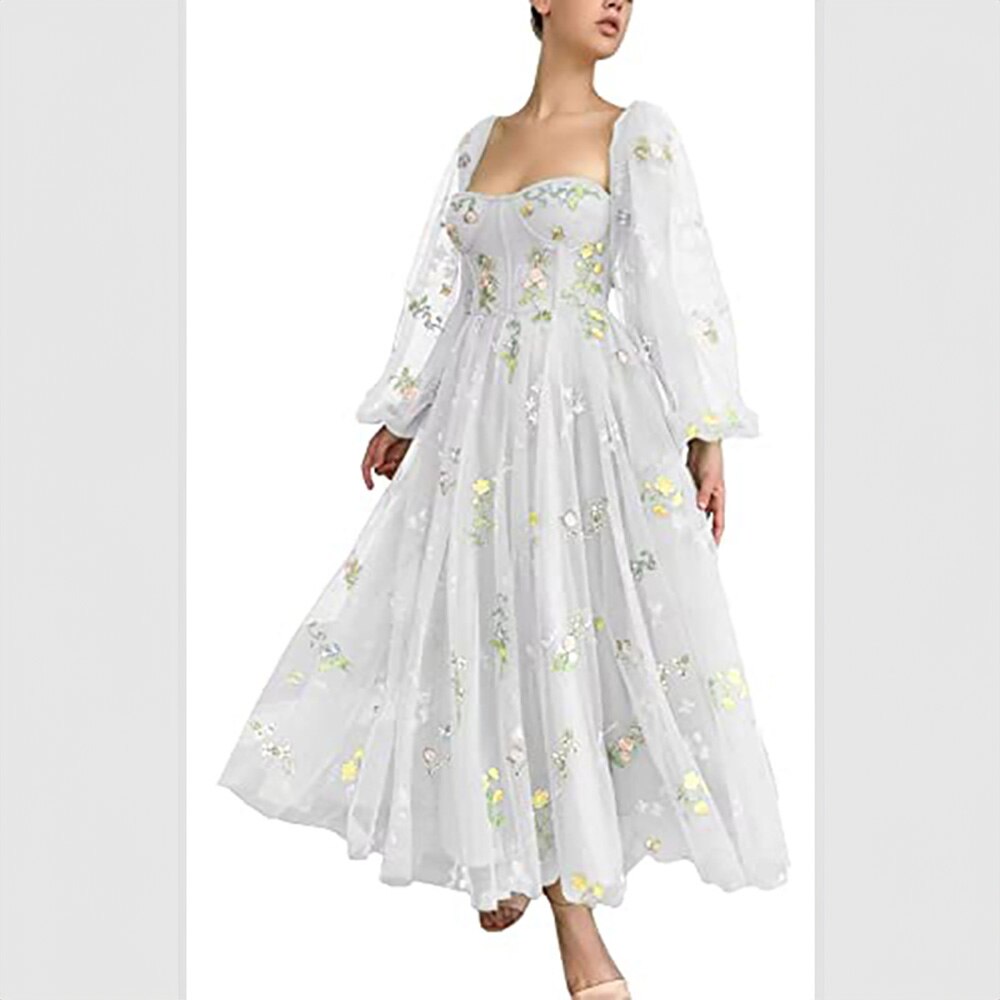 Elegant Homecoming Dresses Square Neck Appliques Gorgeous Puff Sleeves Evening Dresses Lace Up vestidos de graduación picture color 1