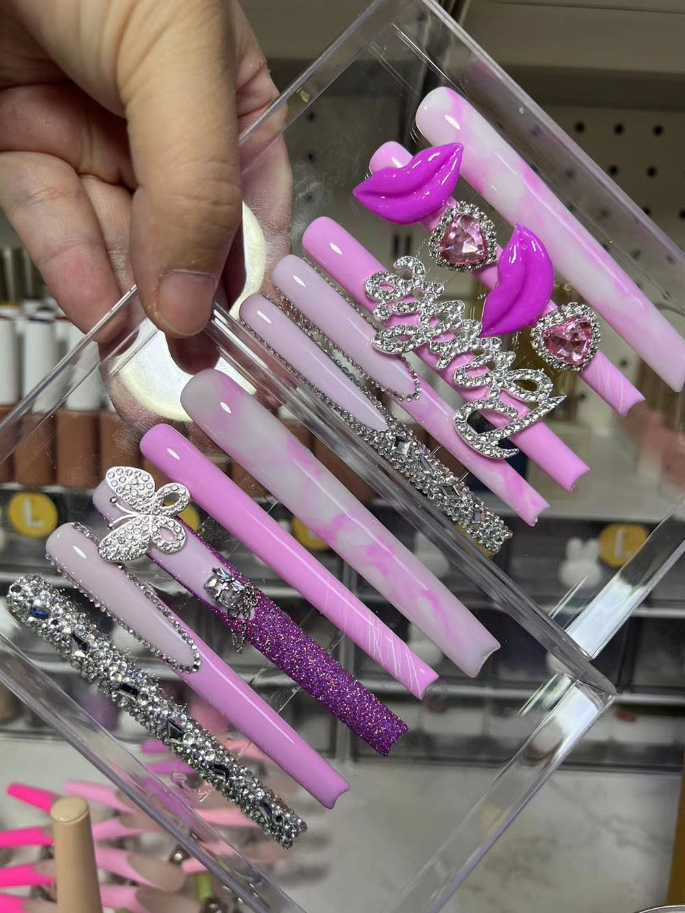 41Style Diamond Stiletto Coffin Long Nail Europe America Handwork Customization Cosplay Party Full Cover Fake Nails Woman Gift 8