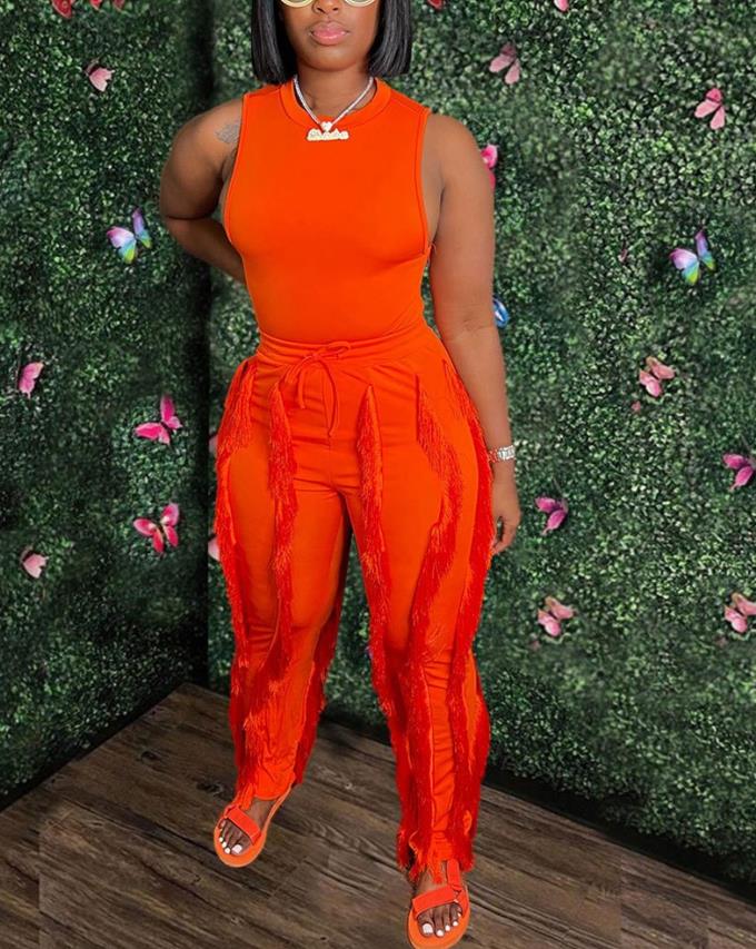 Fashion Solid Romper Casual Tank Top &amp; Tassel Decor Drawstring Pants Set Skinny Tank Jumpsuits Summer Female Outfit Streetwear A