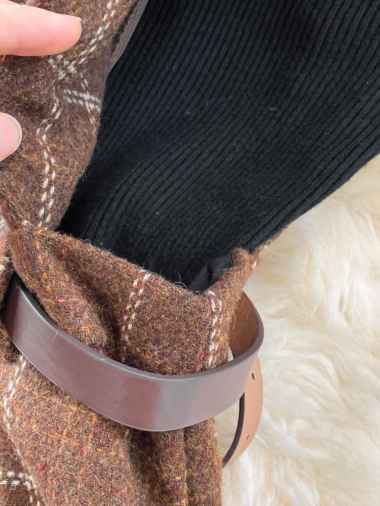 Fall Winter Women Sweater Overalls Dress Sets Casual Knitted Tops +Plaid Woolen Dress 2 Piece Sets Outfits Female