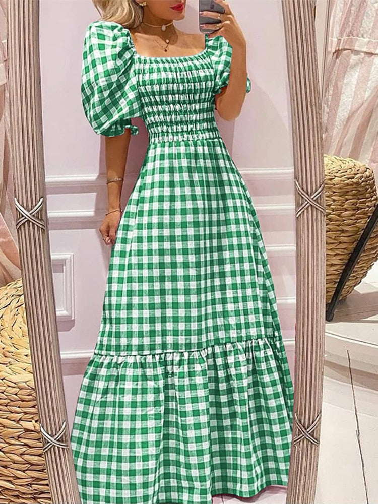 Summer Long Maxi Dress Women Casual Short Sleeve Square Collar Vintage Plaid Party Bohemian Vestidos Loose Sundress A-Green Spain