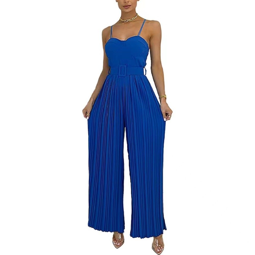 Summer Casual Suspenders Long Jumpsuit Women Sexy Fashion Solid Sleeveless Sashes Pleated Wide Leg Jumpsuit Orange Female