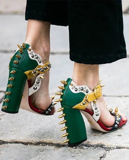 Leather Rivets Design Chunky High Heel Sandals Women Open Toe Dress Buckle Sandals Lady Patchwork Shoes Spring Fashion 2024