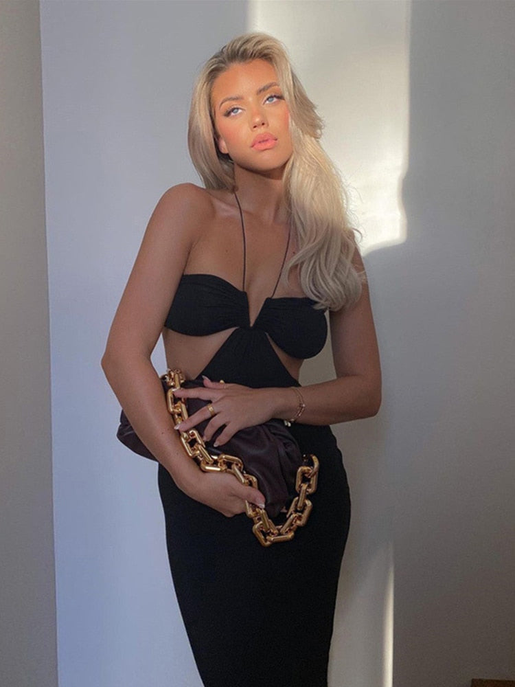 Cryptographic 2023 Summer Spaghetti Strap Halter Sexy Backless Maxi Dress Elegant Bandage Sleeveless Club Party Dresses Bodycon black