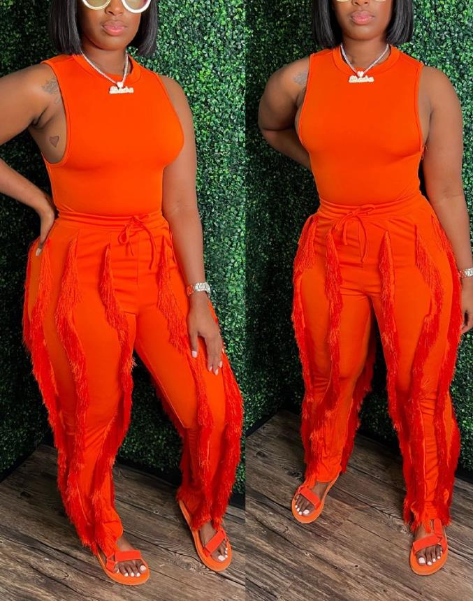 Fashion Solid Romper Casual Tank Top &amp; Tassel Decor Drawstring Pants Set Skinny Tank Jumpsuits Summer Female Outfit Streetwear