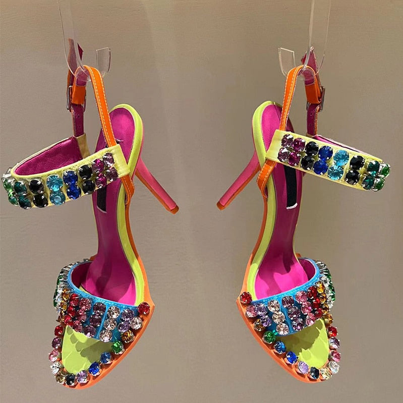 Colorful Crystal Rivets High Heels Buckle Women Sandals Evening Party Pumps Patchwork Women&#39;s Summer Shoes