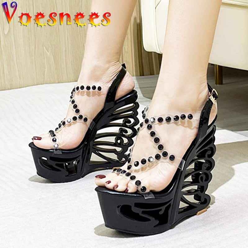 Summer New Hollow Out Wedge Women's Pumps Shiny Sequins Fashion Party Shoes Club Heels Transparent Narrow Belt Sandals