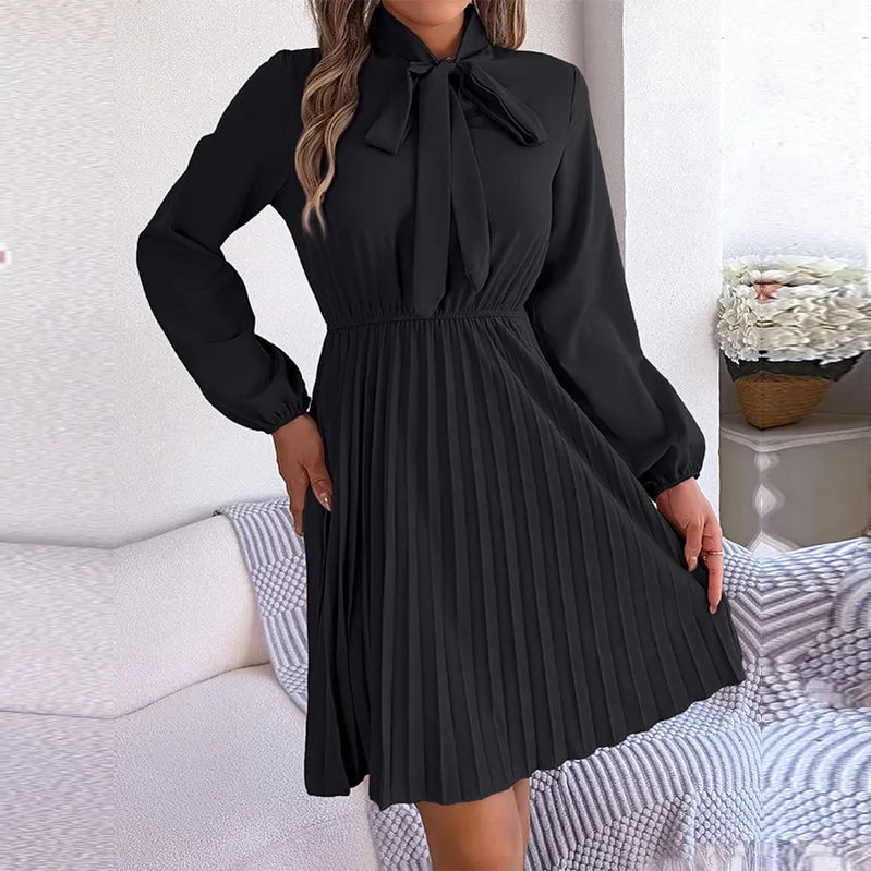Women's Autumn Winter Temperament Lace Up Solid Color High Waist Long Sleeve Pleated Dress Black