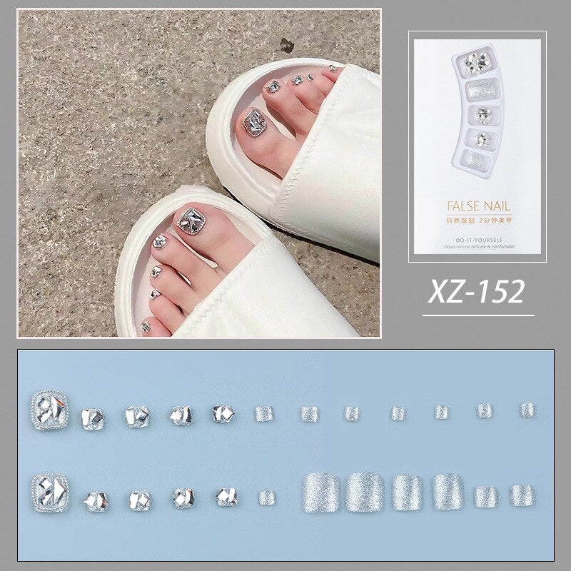 Summer Gold Full Diamond Feet Nails Press On Fake Glitter Toe Nail Stickers Full Cover Toe Nail Tips False Foot Nails J13