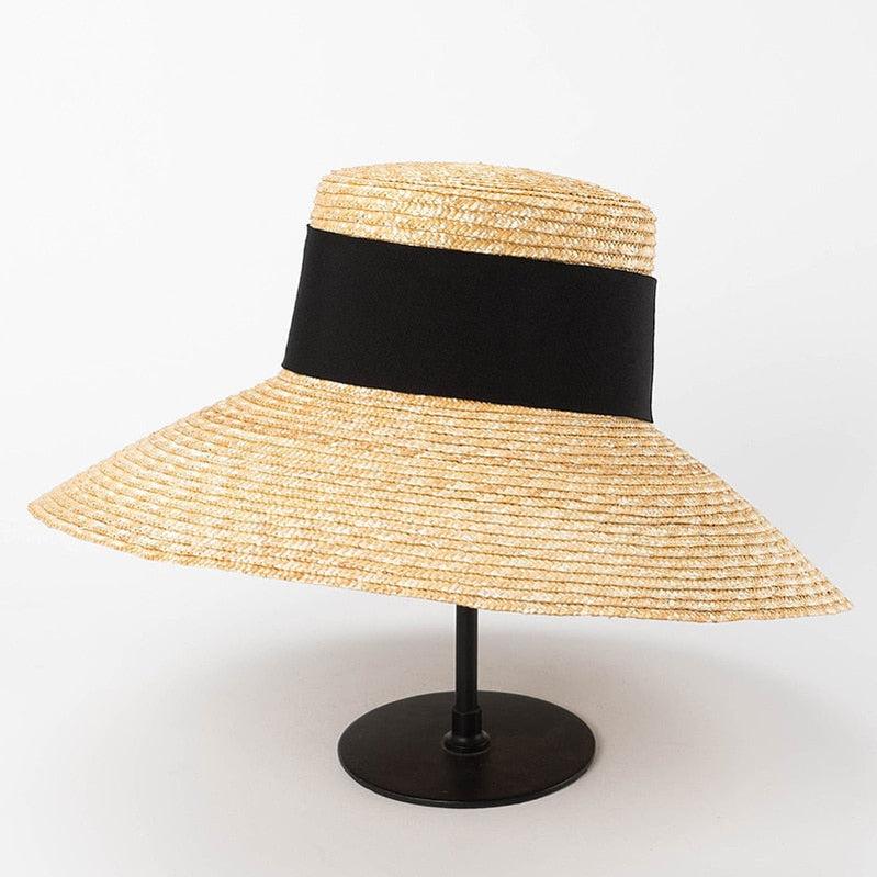 Wide Brim Beach Hats With Neck Tie For Women Large UV Protection Sun Hats Summer Big Brim Wheat Straw Hats Wholesale black ribbon