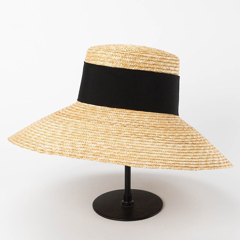 Wide Brim Beach Hats With Neck Tie For Women Large UV Protection Sun Hats Summer Big Brim Wheat Straw Hats Wholesale black ribbon