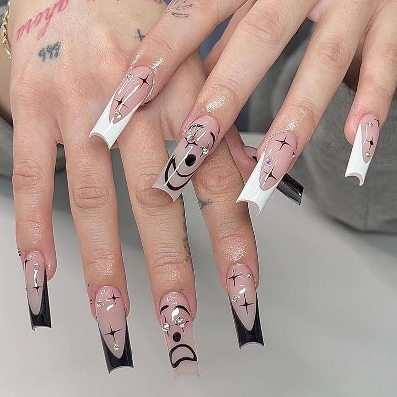 Black White French Stars Rhinestone Wearable Long Ballet Fake Nails Full Cover Finished False Nails Press on Nails with Glue