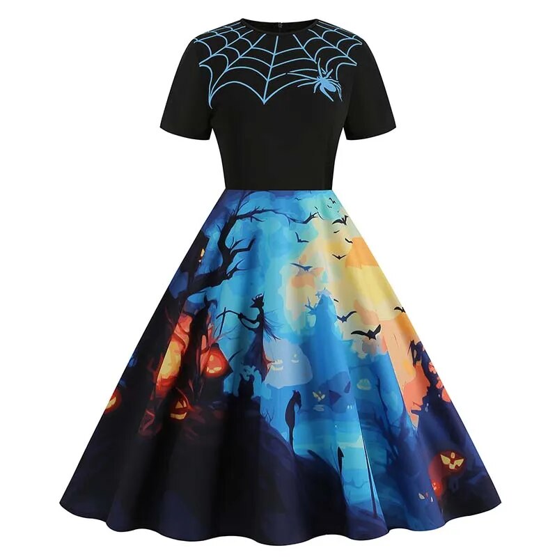 Women Halloween Costumes Dresses Short Sleeve Print Autumn Winter Vintage Party Dress Vestidos 007