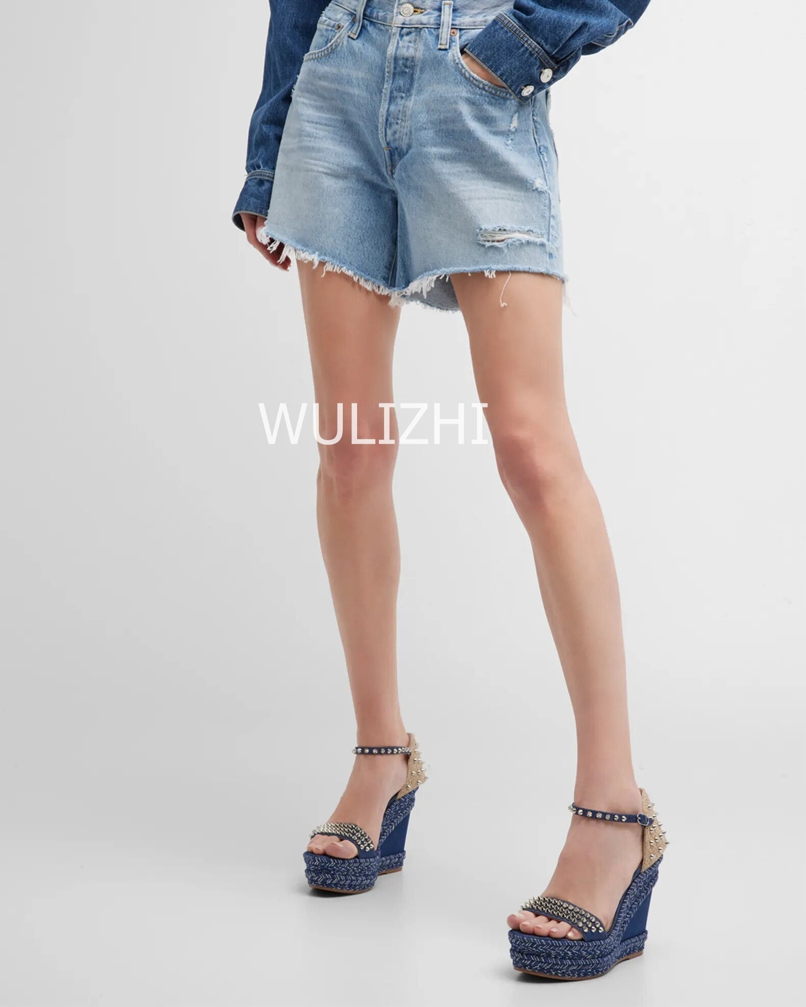 Women&#39;s Dark Black Blue Denim High Wedge Espadarille Metal Stud Heel Sandals Low Platform Mixed Colors Patchwork Appliques Shoes